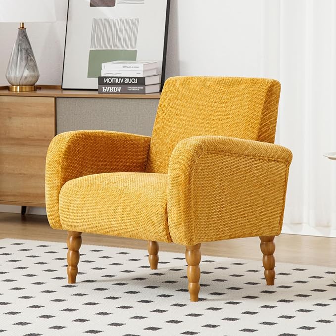 Chenille Fabric Accent Chair, Upholstered Armchair with Solid Wood Legs, Modern Living Room Accent Chair, Comfy Single Sofa Chair Reading Club Chair for Bedroom Reception Lounge, Yellow