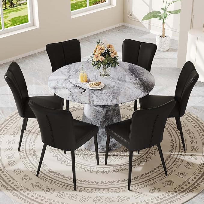 Round Dining Table Set for 6, 45IN Kitchen Table Set with Faux Marble Table Top and PU Upholstered Chairs, Modern Dinner Table with Chairs Set for Dinning Room, Living Room