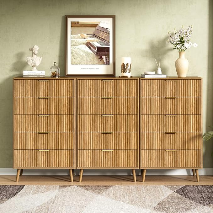 CARPETNAL Fluted 5 Double Drawers Dresser for Bedroom, 45”Tall Modern Chest of Drawers with Deep Drawers,Curved Profile Design, Wood Drawer Organizer for Living Room, Natural Oak