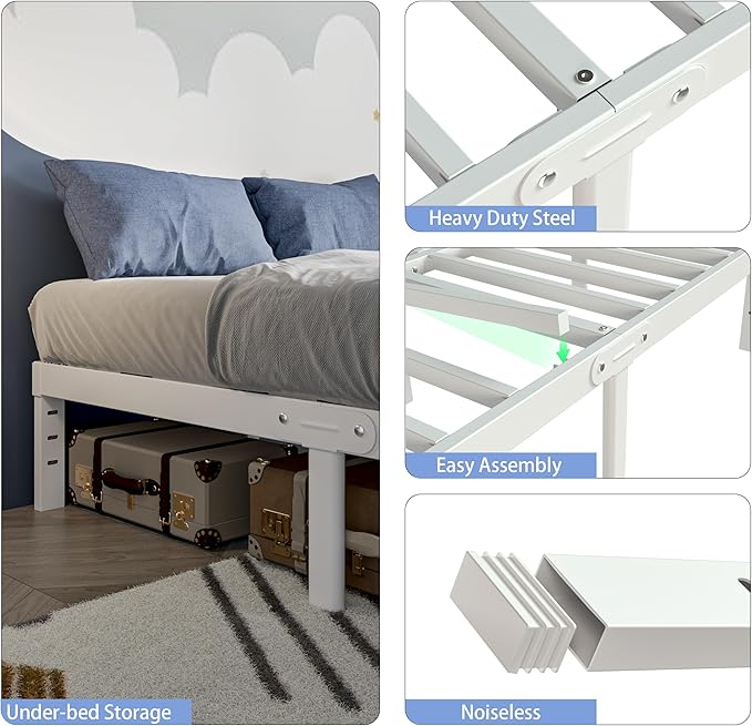 White King Size Bed Frame 16 Inch, Metal Camas King Bed Frame No Box Spring Needed, Heavy Duty Steel Support 3500 LBS, DIY Headboard, Noiseless, Round Corner Legs, Storage Space, Easy Assembly