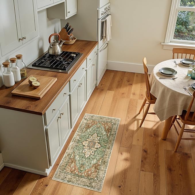 Area Rugs 2'x4' Washable Non-Slip, Floral Vintage Distress Print Pattern Medallion Carpet for Living Room Bedroom Dining Room, Brick Red Rust Neutral Brown Burnt Orange Green