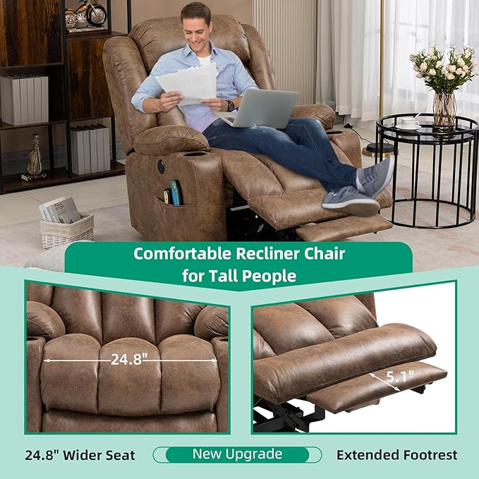 VIVIJASON Tall Man Large Power Lift Recliner Chair with Massage and Heat for Elderly, Overstuffed Wide Electric Lift Recliner with Extended Footrest, 2 Cup Holder, Side Pockets & USB Ports (Brown)