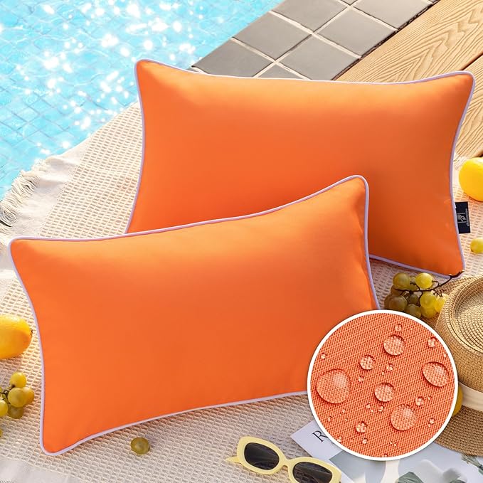 Phantoscope Pack of 2 Outdoor Waterproof Solid Throw Decorative Pillow Cover Decorative Square Outdoor Pillows Cushion Case Patio Pillows for Couch Tent Sunbrella, Orange 12x20 inches 30x50 cm