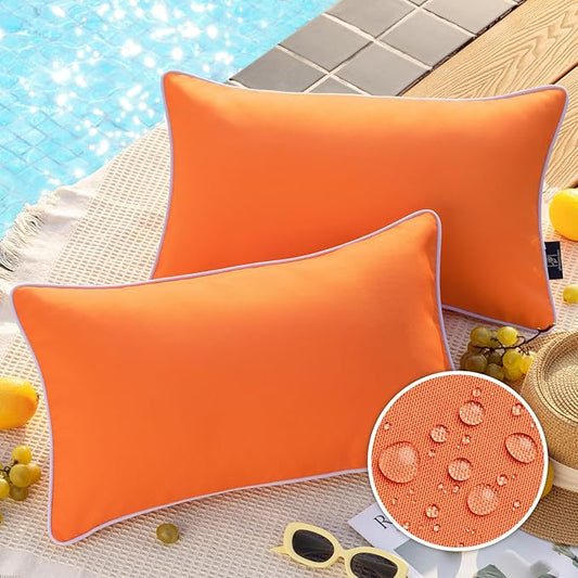Phantoscope Pack of 2 Outdoor Waterproof Solid Throw Decorative Pillow Cover Decorative Square Outdoor Pillows Cushion Case Patio Pillows for Couch Tent Sunbrella, Orange 12x20 inches 30x50 cm