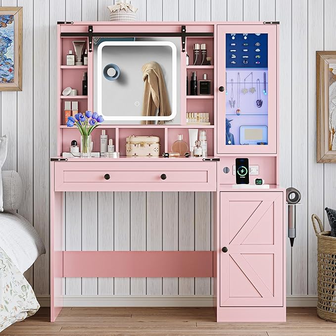 Makeup Vanity Desk with Sliding Mirror and Lights, Farmhouse Vanity Table Set with Power Outlet & RGB Cabinet, Dressing Table with Storage Drawers & Shelves for Kids Girls Women Bedroom, Pink