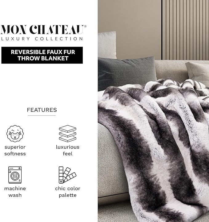 Mon Chateau Luxury Printed Faux Fur Throw with 6cm Foldover for Couch, Sofa, or Bed - Plush Ultra Soft Blanket for Sleeping or Home Décor, 60" x 70" (Striped)