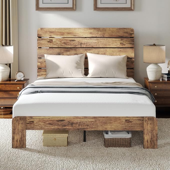 Full Size Bed Frame, Full Heavy Duty Bed Frame, Platform Bed Frame with Wood Headboard & Footboard, Noise Free, No Box Spring Needed, Brown