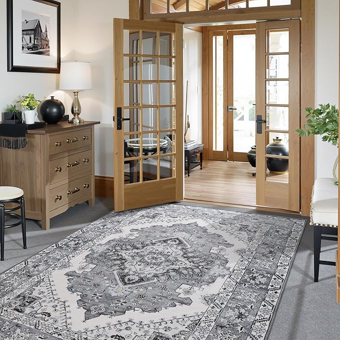 Vintage Area Rug 5x8 Rugs, Machine Washable Vintage Area Rug Non-Slip Low Pile Large Rug for Living Room, Bedroom, Farmhouse, Dining Room, Grey