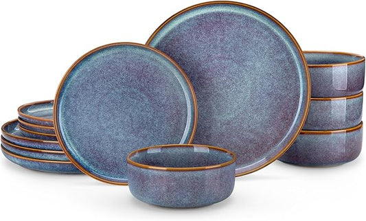 vancasso PLAYA Plates and Bowls Sets, 12 Pieces Grey-Blue Dinnerware Sets for Kitchen, Reactive Glaze Dishes Set for 4, Dishwasher and Microwave Safe