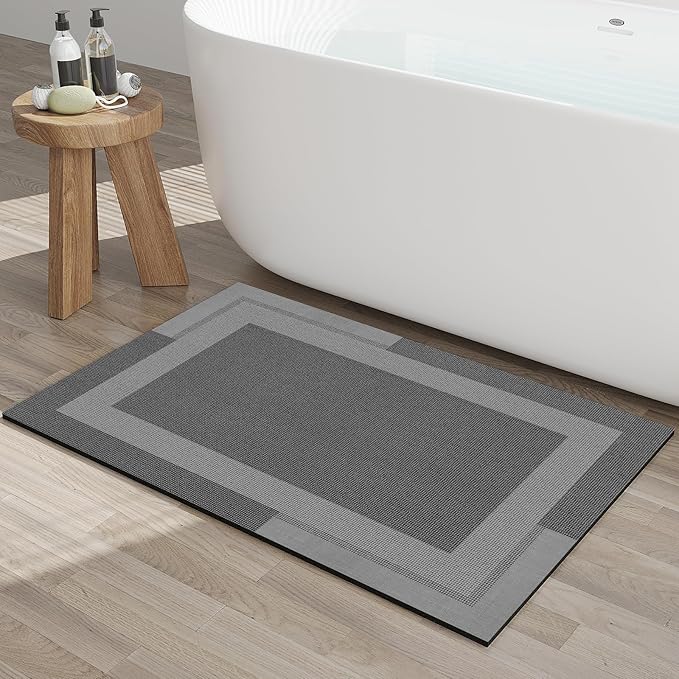 Non Slip Bath Mat, Rubber Backing Ultra Thin Bathroom Rugs Fit Under Door Quick Dry Super Absorbent Washable Bath Rug Shower Mat for Bathroom Floor Bathtub Sink, Easy Care Dark Grey 24"x 35"