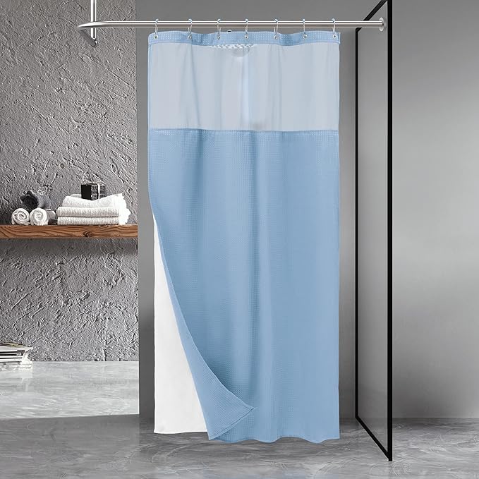 N&Y HOME Stall Waffle Weave Shower Curtain with Snap-in Fabric Liner & Hooks Set - 36" x 72" Small Shower Stall Size, Hotel Style & Mesh Top Window, Machine Washable - 36x72, Blue