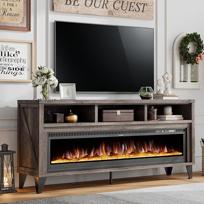 Amerlife 65" Fireplace TV Stand with 60" Glass Electric Fireplace, Industrial & Farmhouse Media Entertainment Center with Open Shelve Storage for TVs Up to 75", TV Console for Living Room, Light Gray