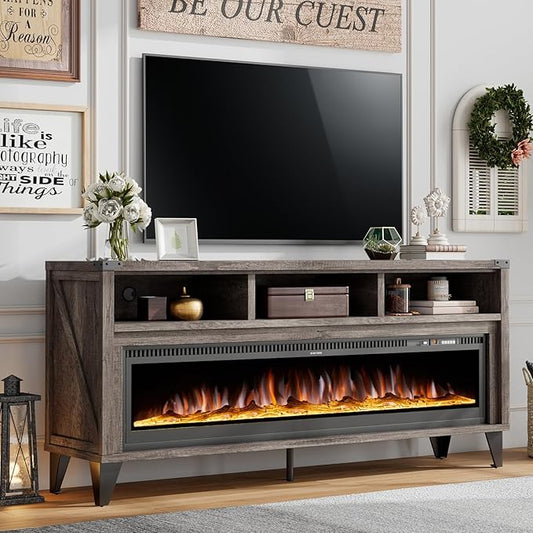 Amerlife 65" Fireplace TV Stand with 60" Glass Electric Fireplace, Industrial & Farmhouse Media Entertainment Center with Open Shelve Storage for TVs Up to 75", TV Console for Living Room, Light Gray