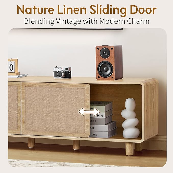 70" TV Stand with Slding Door for 55/60/65/80 Inch Television, Farmhouse Linen Decor TV Console with Storage, 2 Cable Holes & 6 Legs, Mid Century Wooden Entertainment Center for Living Room (Natural)