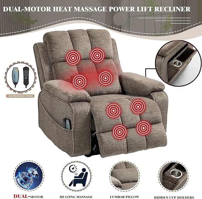 Lift Recliner Chairs for Elderly, Lumbar Power Lift Chair with Heat and Massage, 180° Lay Flat Recliner with Extended Footrest, USB & Type-C Ports and Side Storage for Big Man 400lbs Sleeping