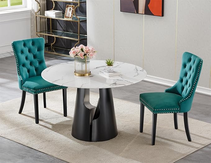 3-Piece Faux Marble Round Dining Table Set for 2, Modern Luxury Kitchen Table Set for 2 with Green Tufted Chairs,Circle Dining Tables with White Marble Grain Top and Black Pedestal Base