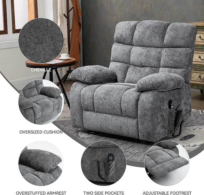 Luxlen Lift Recliner Chair Heat Massage Dual Motor Infinite Position Up to 350 LBS Large Electric Power Lift Recliners with Power-Remote, Medium-Firm and Heavy Duty, Light Grey