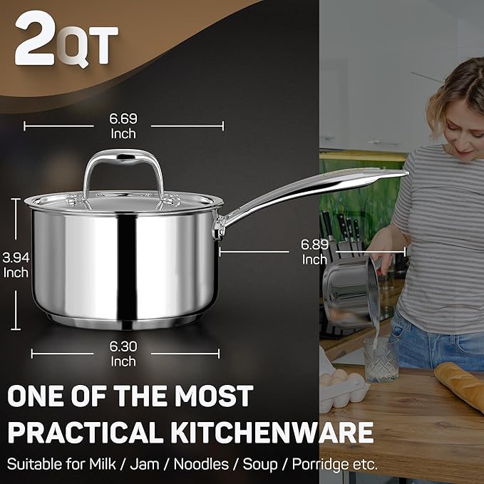 2 Quart Sauce Pan with Lid, Tri Ply Stainless Steel Saucepan 2 Qt with Stainless Steel Lid, 2 Measuring Lines, Upgraded Packaging, Cool Ergonomic Handle, Dishwasher & Oven Safe