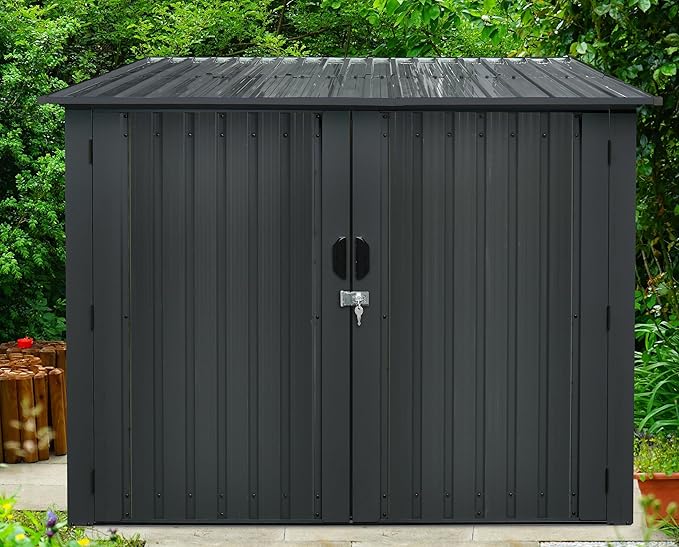 Hanover Bicycle Outdoor Steel Storage Shed with Slope Roof and Twist Lock and Key, Stores 4 Bikes, Dark Gray Outside Storage Shed House, Rust Resistant and Modern Shed with Adjustable Bike Tracks