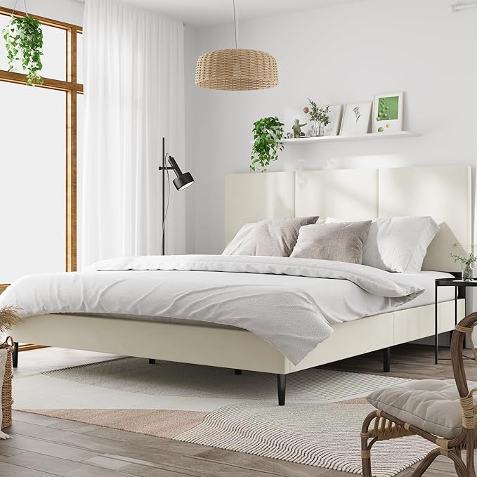 King Bed Frame with Headboard, Vertical Channel Tufted Heavy Duty King Size Bed Frame, No Box Spring Needed, Easy Assembly, Platform Bed Frame with Headboard, Beige