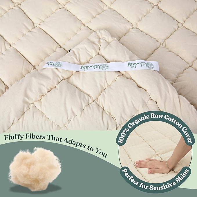Organic Merino Wool Mattress Topper - Luxury Pillow Top Mattress Pad, Handmade, Non-Toxic, Cooling & Hypoallergenic, Natural Back Pain Relief, Sustainable Bedding (Twin XL)