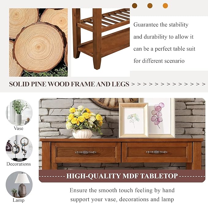 42inch Mid-Century Wood Console Table with 2 Drawers and 2 Bottom Shelf Sofa Table Solid Wood Sideboard(Brown)