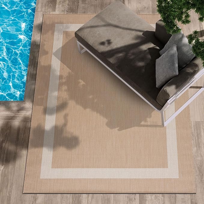 CAMILSON Outdoor Rug 10x14, Large Modern Outside Rugs for Patios Porches Waterproof Durable Washable Non-Shedding, Easy-to-Clean Indoor/Outdoor Area Carpet (10 x 14, Bordered - Beige/White)