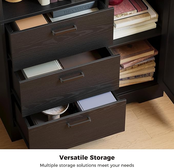 IRONCK Bookshelf with Drawers, 70.9 inch Tall Bookcase with Doors, Bookshelves and Bookcases with Storage, Bookshelf with 6 Open Cubes for Home Office, Living Room, Study, Black