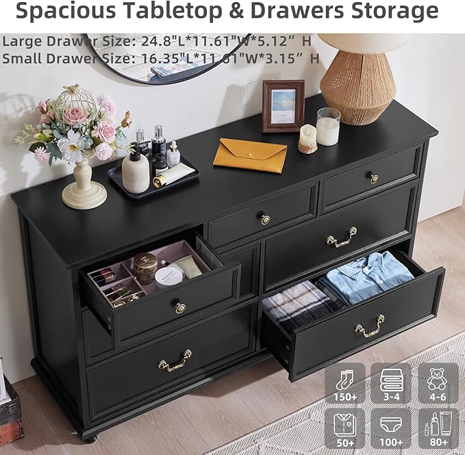 Farmhouse 54" 7 Drawers Dresser for Bedroom, Wide Chest of Drawers w/ 4 Wooden Legs, Vintage Large Closet Storage Dressers Organizer for Hallway, Wood Rustic TV Stand for Living Room, Black