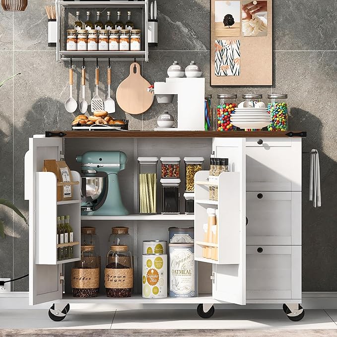 54.5" Farmhouse Kitchen Island with Power Outlet, Kitchen Storage Island with Internal Storage Rack, Drop Leaf, Spice Rack, Rolling Kitchen Cart on Wheels, for Home, Kitchen and Dining Room (White)