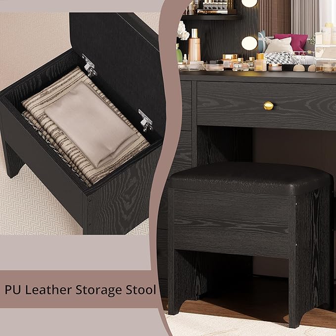 IRONCK Vanity Desk with Mirror and Lights, Small Makeup Vanity Table with 5 Drawers, Power Outlet, and Vanity Stool, 3 Lighting Colors, Dressing Table for Women Girls Bedroom, Black