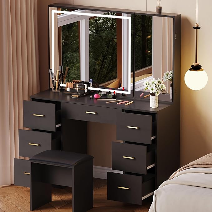 Vanity Desk with Large Mirror and Lights, Black Makeup Vanity with 7 Drawers, Adjustable Brightness Vanity Table with Glass Door Cabinet, Modern Vanity Set with Stool for Bedroom