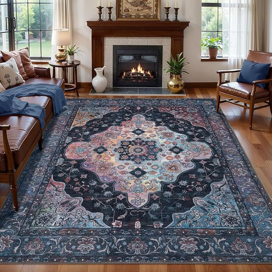 Tangsoo 4x6 Vintage Area Rug with Non Slip Backing, Machine Washable Rug Low Pile Living Room Rugs for Bedroom, Dining Room, Office, Navy/Multi Print Distressed Floor Carpets