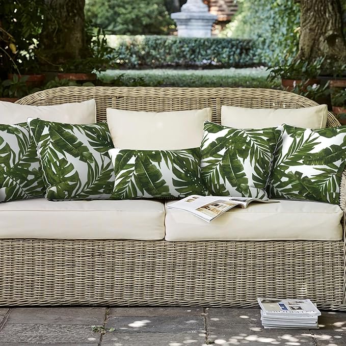 LVTXIII Outdoor Throw Pillows 18x18 Patio Waterproof Square Pillows with Piping Fade Resistant Accent Pillow for Spring Summer Garden Decoration, Set of 2, Palms Green