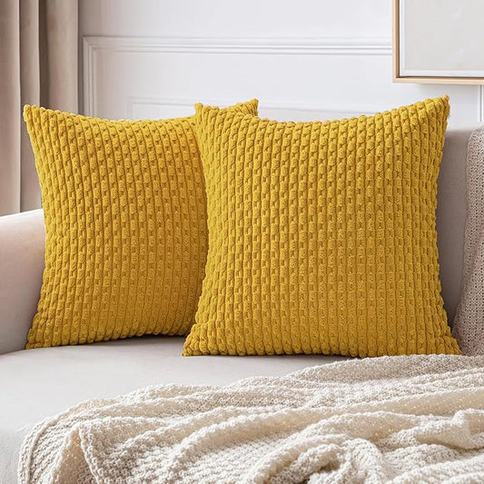 MIULEE Throw Pillow Covers Soft Corduroy Decorative Set of 2 Boho Summer Striped Pillow Covers Pillowcases Farmhouse Home Decor for Couch Bed Sofa Living Room 16x16 Inch Mustard Yellow
