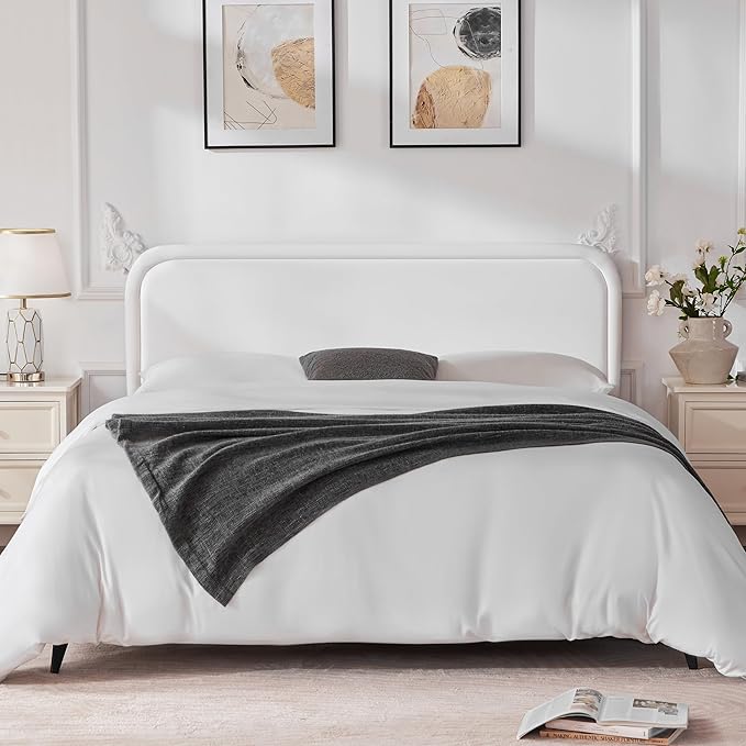 Velvet Fabric Headboard Queen, Upholstered Headboard Queen Size Only, Dorm Bed Headboards from 41” to 49” Height, Sturdy and Durable Solid Wood Bed Head Board, White