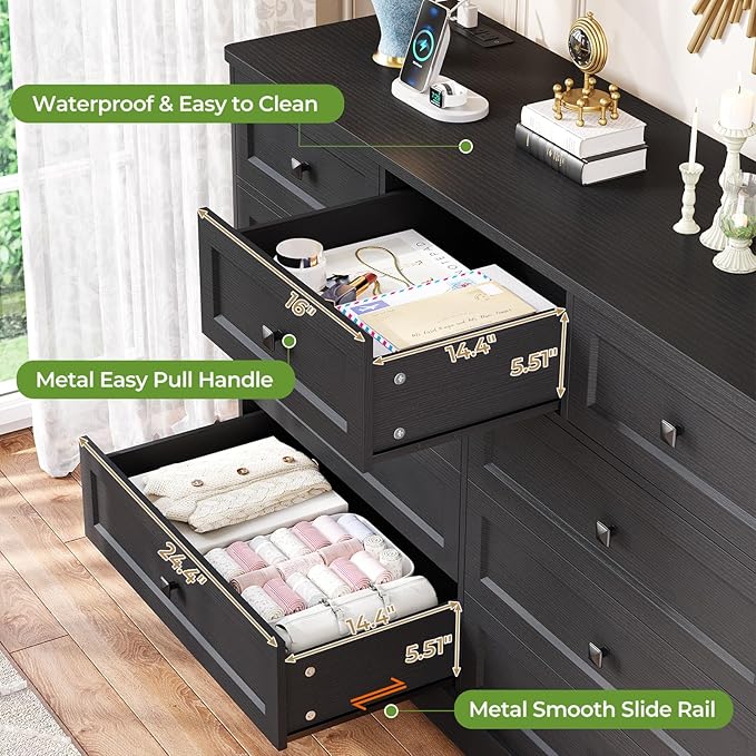 Hasuit Black Dresser for Bedroom with 9 Drawers, 51.2" Large Drawer Dresser with Charging Station, Wide Farmhouse Dresser Chest of Drawers, Wooden Storage Tower Organizer, Dresser for Bedroom Closet