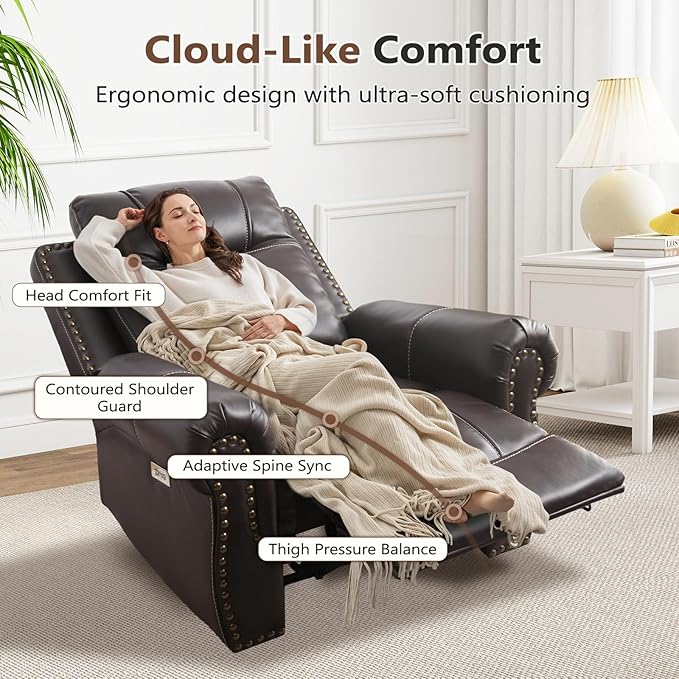 ANJ Electric Power Recliner Chair with USB Ports, Set of 2, Breathable Faux Leather Oversized Recliner with Comfortable Arms, Back and Headrest, Single Sofa for Living Room, Dark Brown