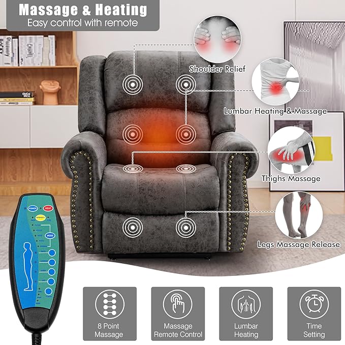 CDCASA Dual Motor Lay Flat Lift Chairs Recliners for Elderly with Massage and Heat, Breathable Leather Infinite Position Large Sleeping Electric Power Lift Chair Recliner for Seniors, Grey