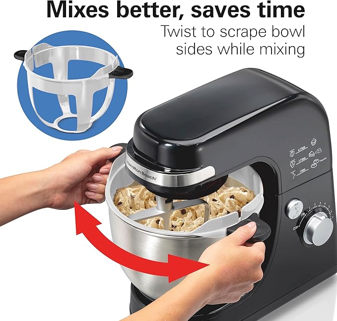 Hamilton Beach Electric Stand Mixer, 4 Quarts, Dough Hook, Flat Beater Attachments, 7 Speeds, Whisk, Stack & Scrape Bowl Scraper, Black