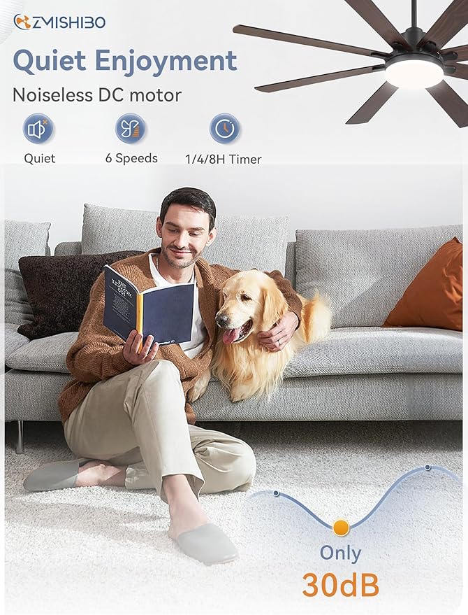 ZMISHIBO 65 Inch Modern Ceiling Fans with Lights, Indoor/Outdoor Ceiling Fans with Large LED Panel, Quiet Reversible DC Motor, 6-Speeds, 3CCT, Black Ceiling Fan for Patio, Livingroom, Garage