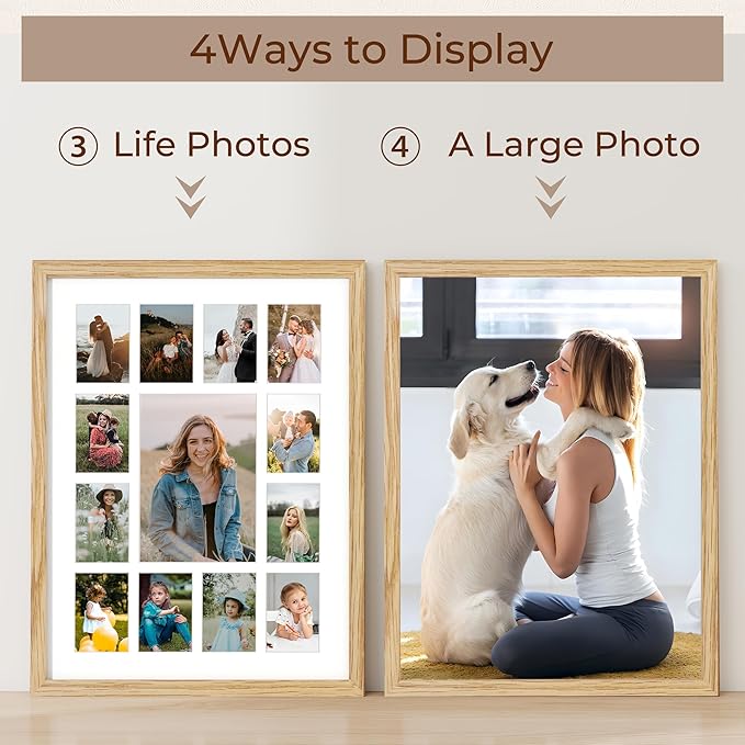 Axeman 12x16 School Years Picture Frame K-12 Day Graduation Photo Collage Solid Oak Picture Frame With Mat - Displays One 5x7 Photo and Twelve 2.5x3.5 Pictures, Hanging Hardware Included, Natural