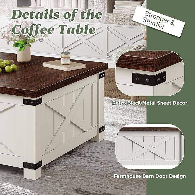 EnHomee Lift Top Coffee Table with Storage, 36" Farmhouse Coffee Tables for Living Room, Square Coffee Table with Large Hidden Space, for Living Room, Bedroom, Home Office, White