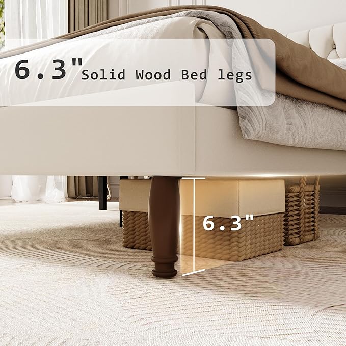 Full Size Velvet Upholstered Bed Frame, 49.2" Tall Wingback Headboard, Deep Button Tufted, No Box Spring Needed, Solid Wood Legs, White