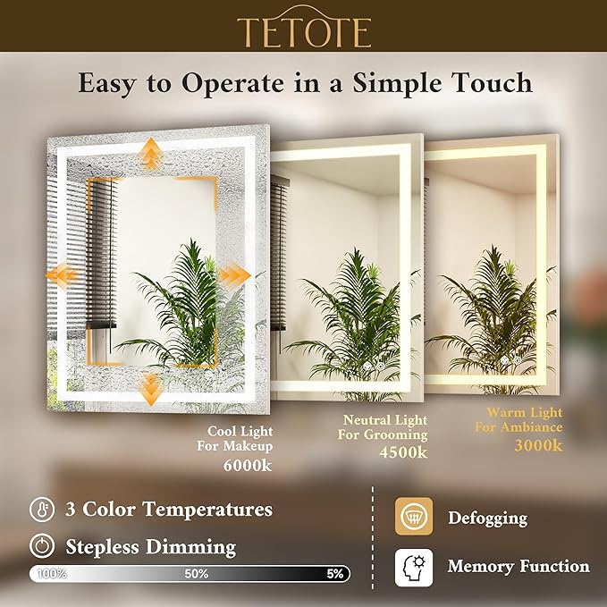 TETOTE LED Bathroom Mirror with Brighter Lights 32 x 36 LED Lighted Vanity Mirror with Frontlit and Backlit, 3-Color Dimmable Illuminated Anti Fog Light up Mirror for Bathroom Wall, Tempered Glass