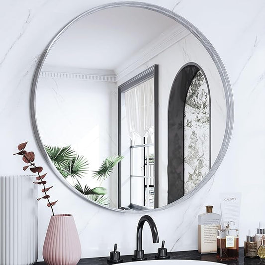 Suidia 30" x 30" Bathroom Mirror, Bathroom Vanity Mirror Metal Framed, Wall-Mounted Mirrors for Bedroom, Living Room, Entryway, Hallway, Silver, Round Style
