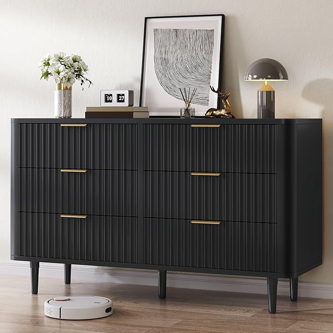 DWVO 6 Drawer Dresser with Waveform Fluted Panel, Wider Modern Closet Dressers Chest of Drawers, Wood Storage Dresser Organizer for Dorms, Flats, Living Rooms, Hallways, Black