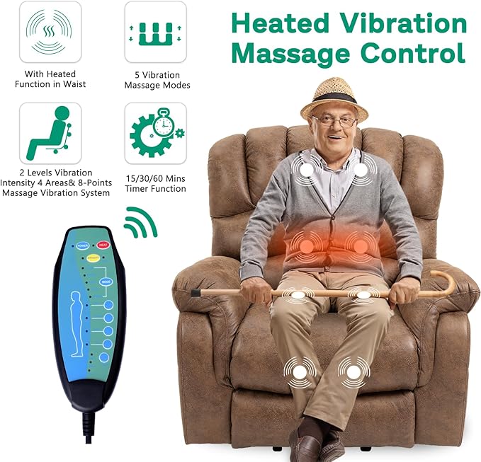 VIVIJASON Tall Man Large Power Lift Recliner Chair with Extended Footrest for Elderly, Overstuffed Wide Electric Lift Chair with Heat & Massage, 2 Remote Controls, Side Pockets & USB Ports, Brown