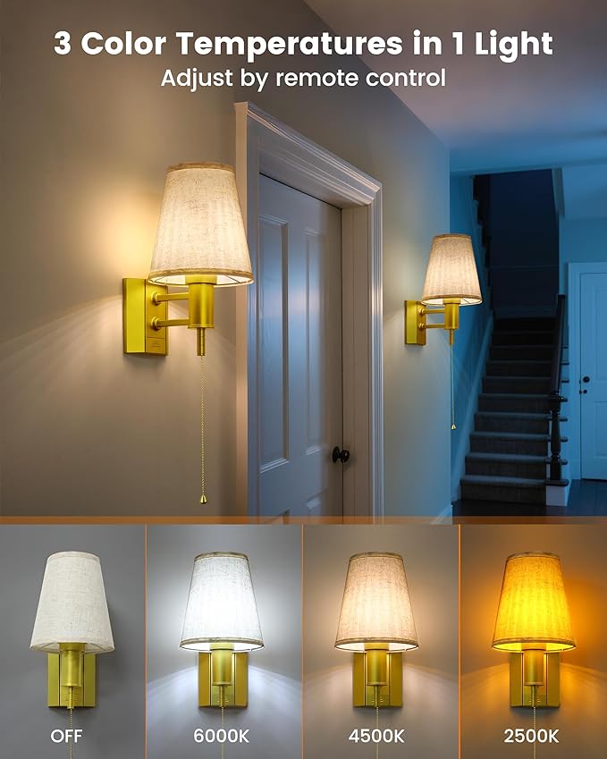 Battery Operated Wall Sconce Lights Décor for Bedroom Set of 2, Wireless Rechargeable LED Wall Lamp with Remote & On/Off Pull Chain, Wall Mount Lighting Fixtures for Living Room, Satin Gold