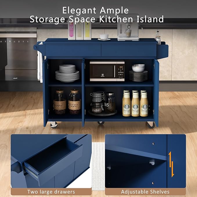 53.2'' Kitchen Island with Drop Leaf, Kitchen Storage Cart with Spice Rack, Towel Rack and 2 Drawers, Rolling Kitchen Island on Wheels with Adjustable Shelves for Kitchen, Dining Room, Navy Blue